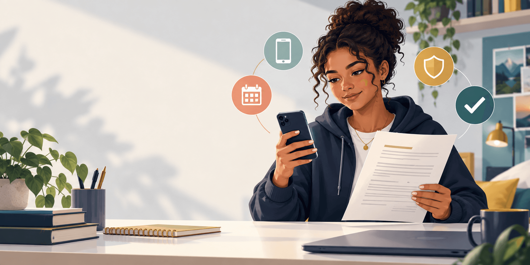 Jugendliche prüft einen Mobilfunkvertrag sorgfältig auf dem Smartphone